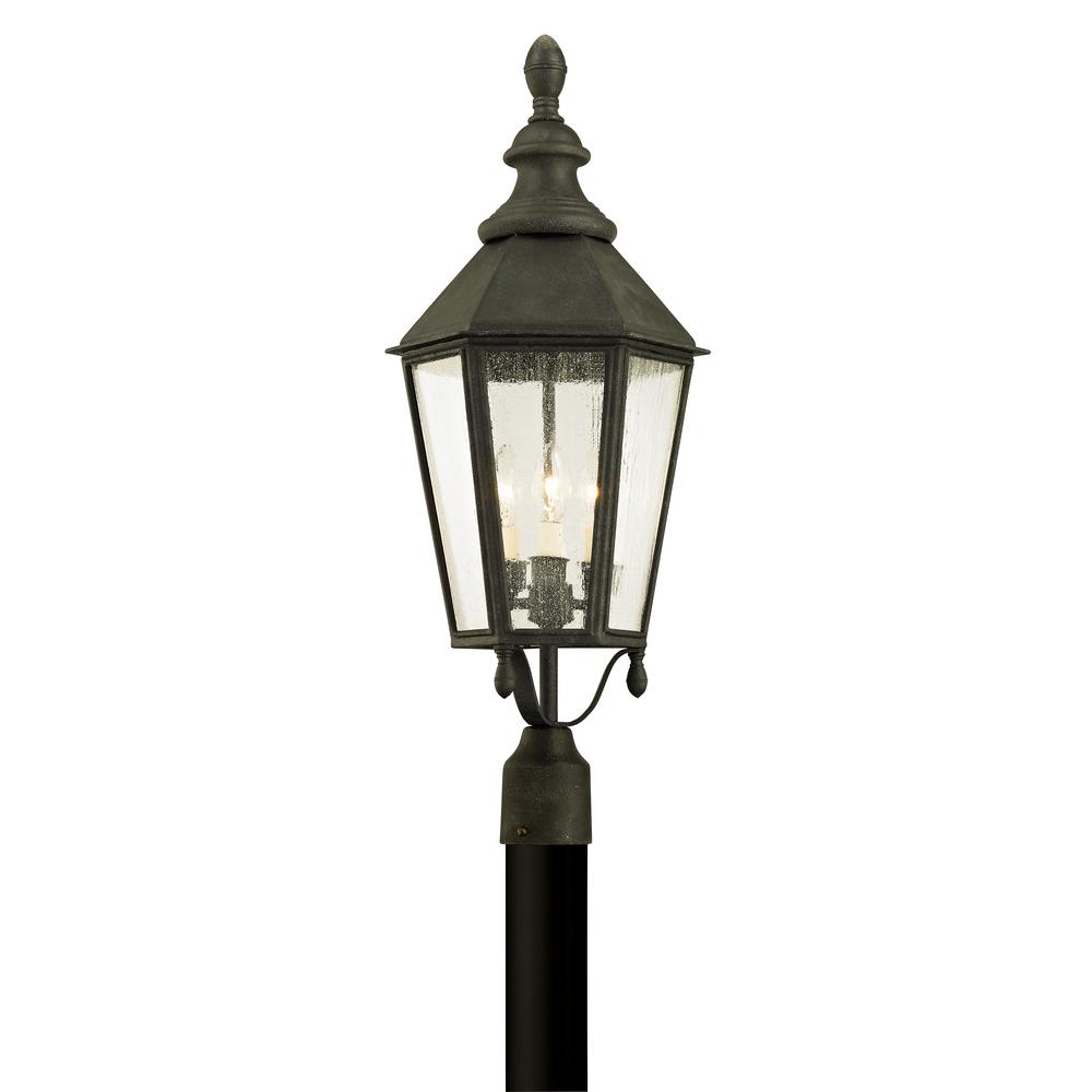 Troy Lighting Aluminum Outdoor The Home Depot Savannah 3 Light Vintage Iron 28 75 In H Outdoor Post With Clear Seeded