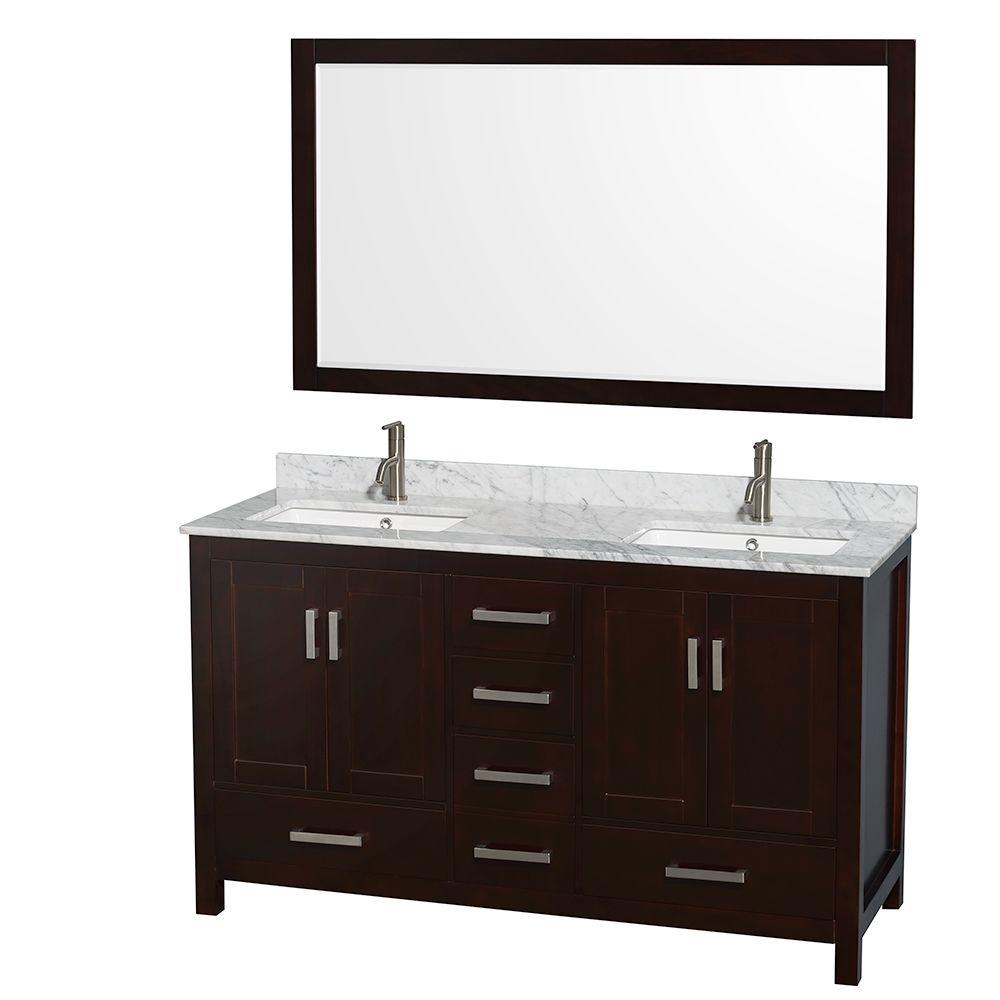 Wyndham Collection Sheffield 60 In Double Vanity Espresso With Marble Top Carrara White And 58 Mirror - Espresso Bathroom Vanity With White Top Wyndham Collection Sheffield 60 In Double Vanity Espresso With Marble Top Carrara White And 58 Mirror - Espresso Bathroom Vanity With White Top