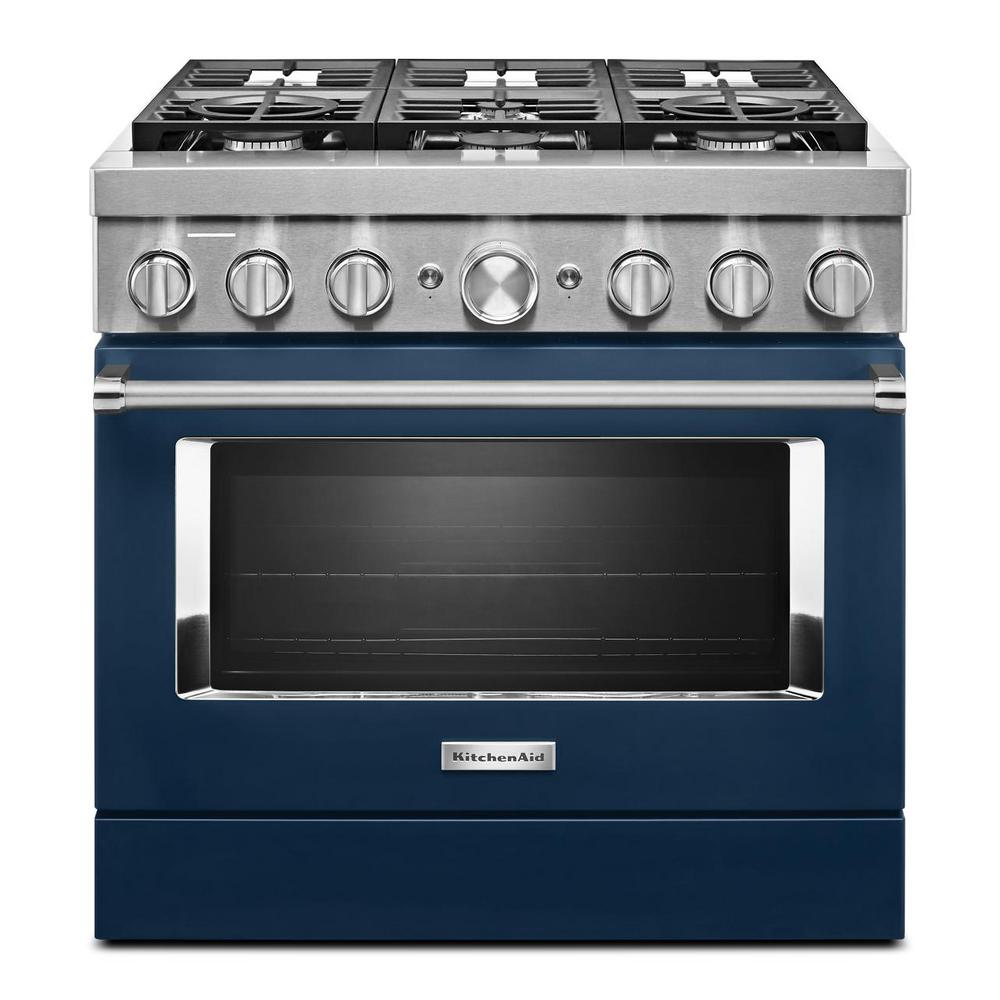 KitchenAid 36 in. 5.1 cu. ft. Dual Fuel Freestanding Smart Range with 6-Burners in Ink Blue For Sale