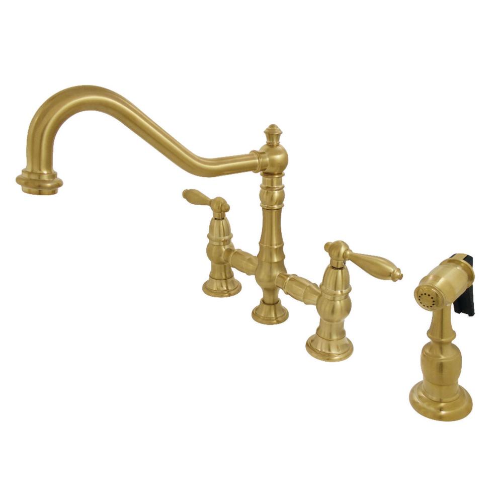 Kingston Brass Restoration 2 Handle Bridge Kitchen Faucet With Side Kingston Brass Restoration 2 Handle Bridge Kitchen Faucet With Side Sprayer In Satin