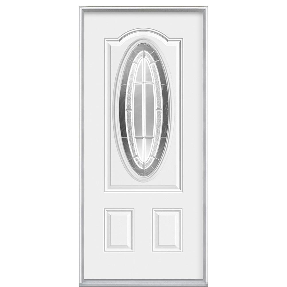 Masonite 36 In X 80 In Croxley Right Hand Inswing Primed White 3 4 Oval Lite Prehung Security Exterior Door With No Brickmold