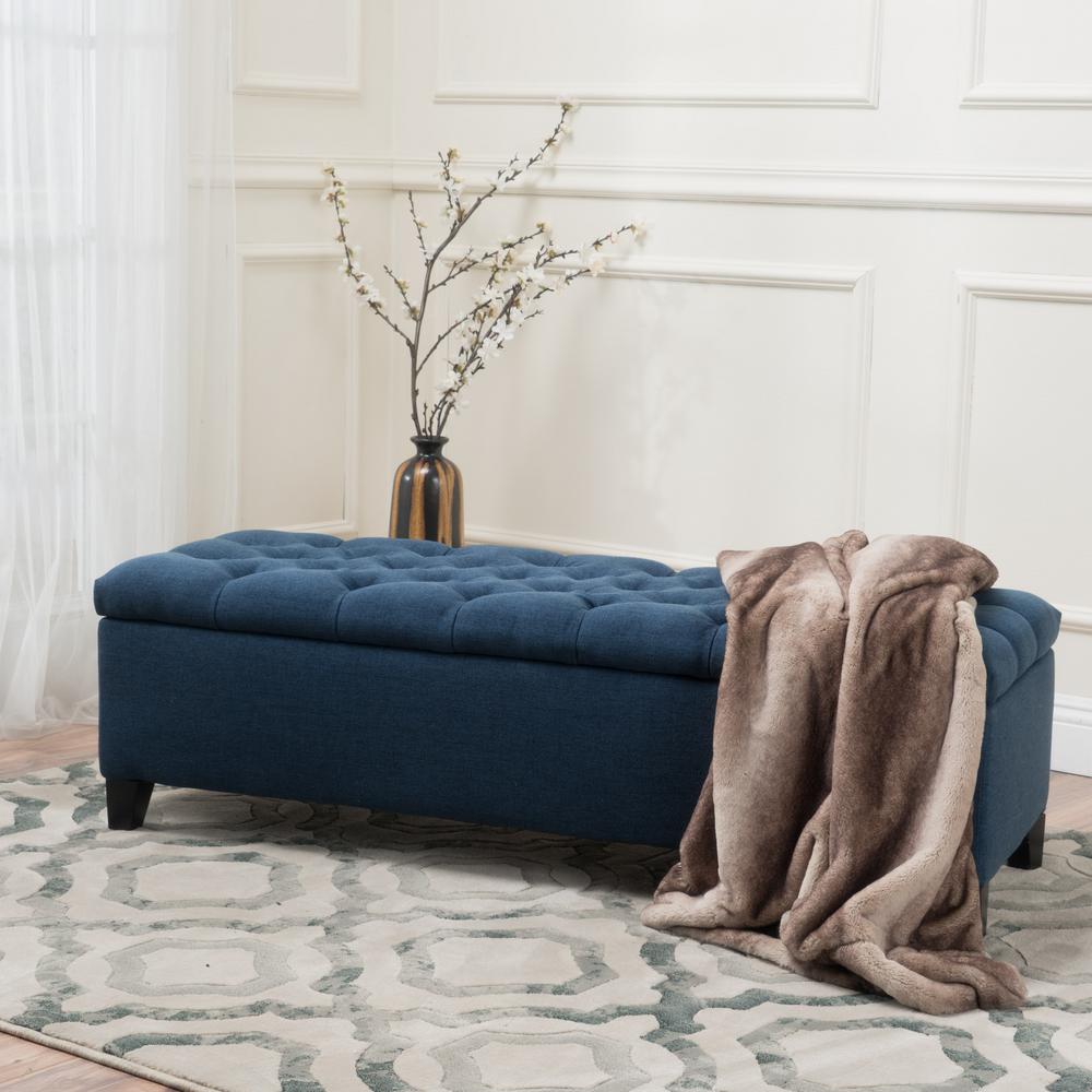 Noble House Dark Blue Tufted Fabric Storage Bench 10942 The Home Depot