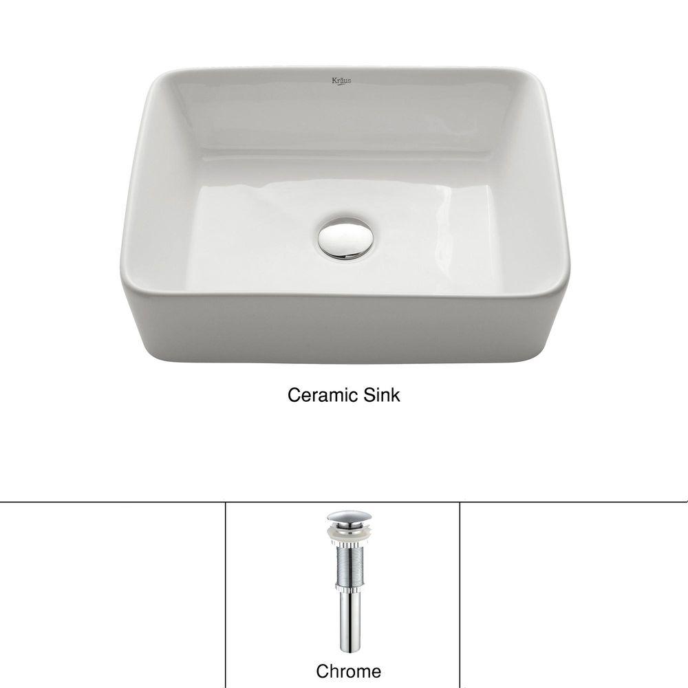 KRAUS Rectangular Ceramic Vessel Bathroom Sink In White With Pop