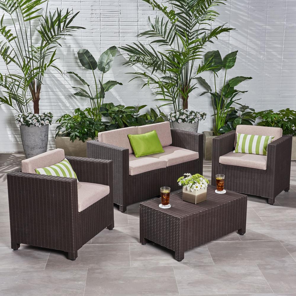 Noble House Primrose Dark Brown 4 Piece All Weather Faux Wicker Patio Conversation Set With Beige Cushions 67346 The Home Depot