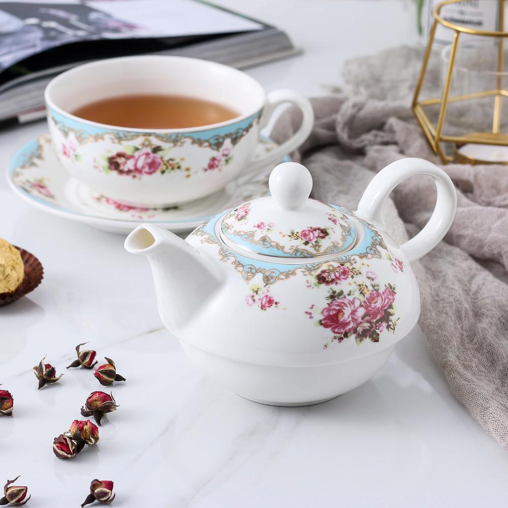 Malacasa Porcelain Tea Pot Set For One 11 Ounce Teapot 1 Piece Teacup And Saucer Set Sweet Time 011 The Home Depot