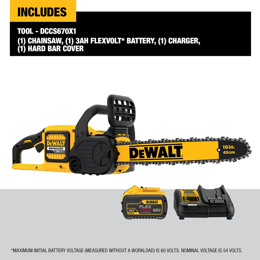 Dewalt 16 In 60v Max Lithium Ion Cordless Flexvolt Brushless Chainsaw With 1 3 0ah Battery And Charger Included Dccs670x1 The Home Depot