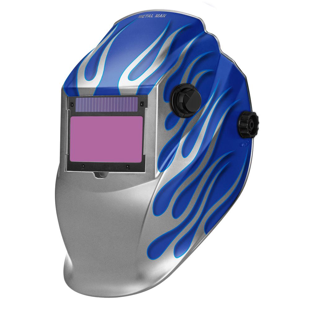 METAL MAN 8735SGC Blue/Silver Flame 9 13 Shade Auto Darkening Welding Helmet with 3.78 in. x 2.
