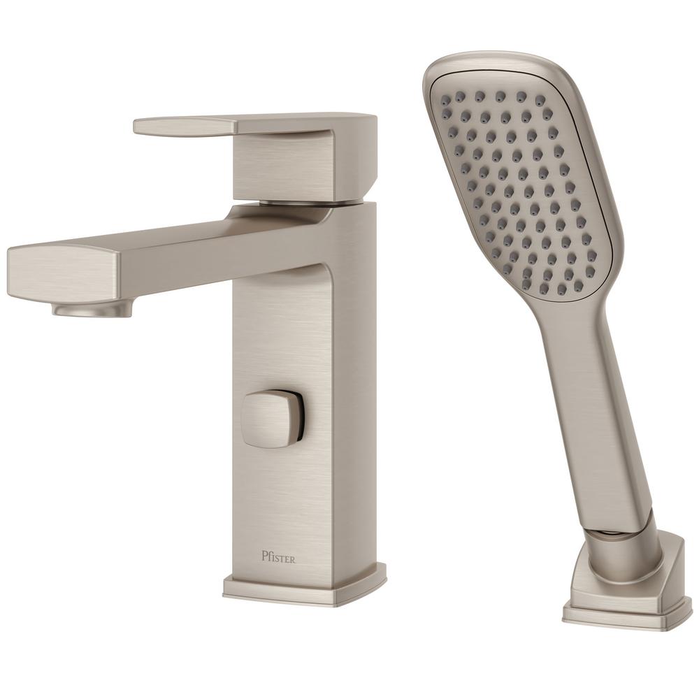 Pfister Deckard Single Handle Deck Mount Roman Tub Faucet With Handshower In Brushed Nickel Rt6 2dak The Home Depot