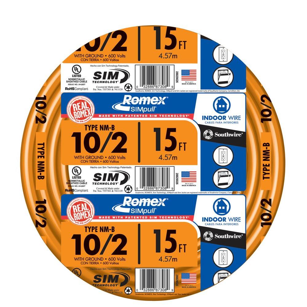 Southwire 15 Ft 10 2 Solid Romex Simpull Cu Nm B W G Wire 28829026 10 2 Solid Romex Simpull Cu Nm B W