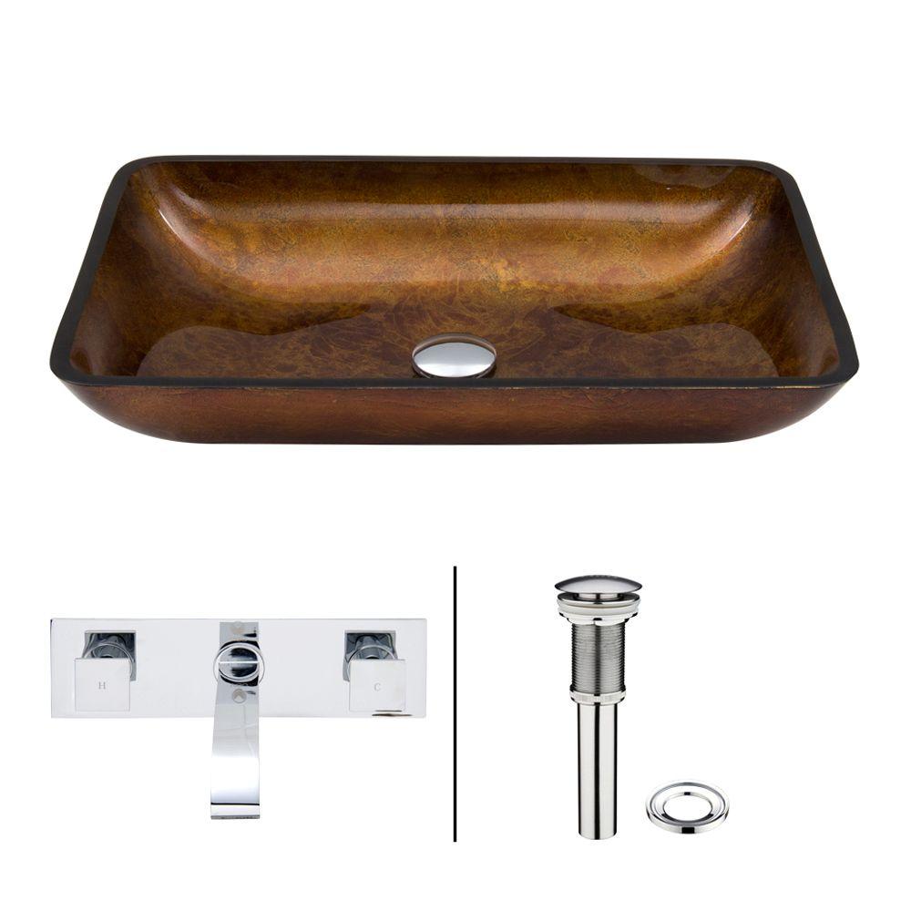 Vigo Rectangular Glass Vessel Bathroom Sink In Russet With Wall