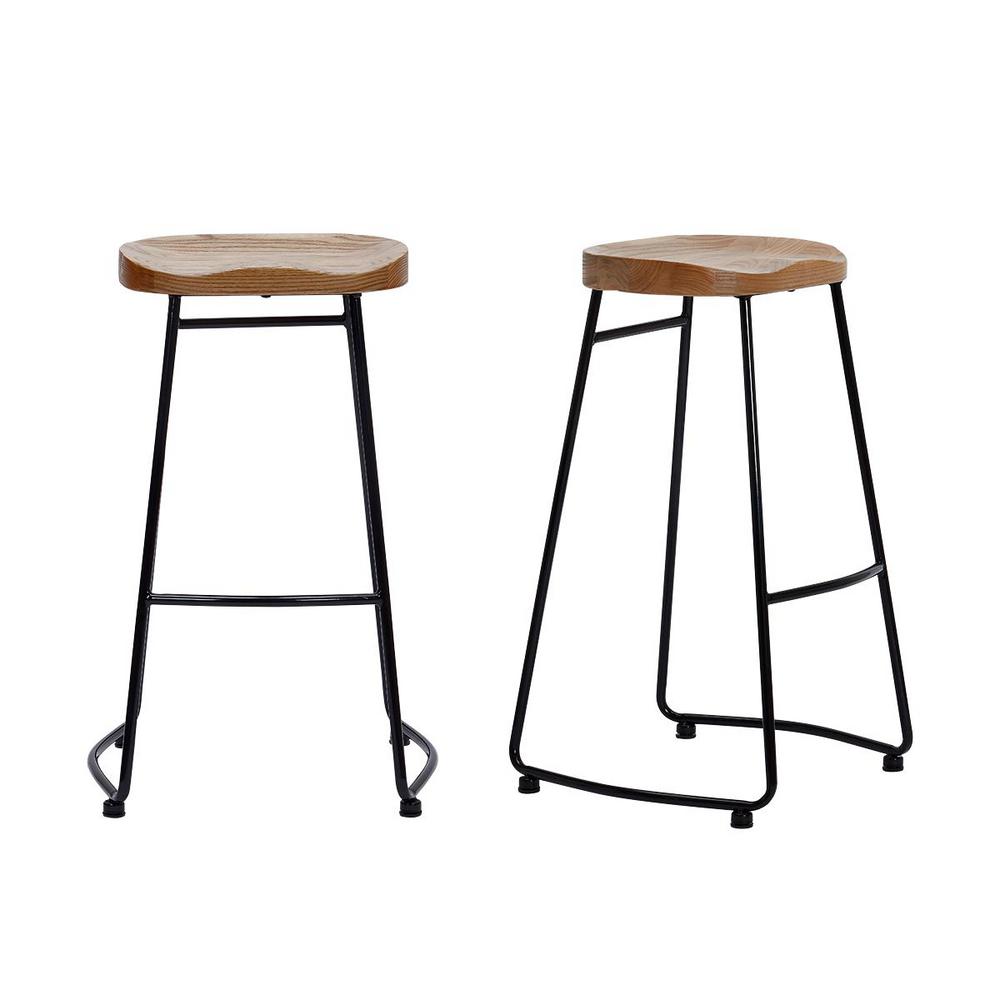 StyleWell Black Metal Backless Bar Stool with Wood Seat (Set of 2) (18. ...