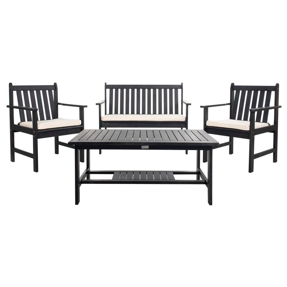 Safavieh Burbank Black 4 Piece Wood Patio Conversation Set With White Cushions Pat7006c The Home Depot