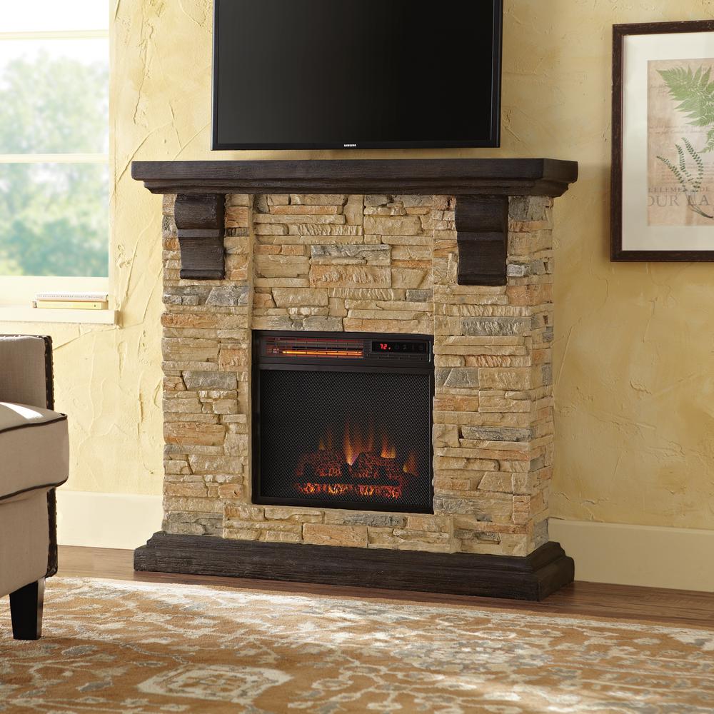 Home Decorators Collection Highland 40 in. Faux Stone Mantel Electric Fireplace in Tan102907 