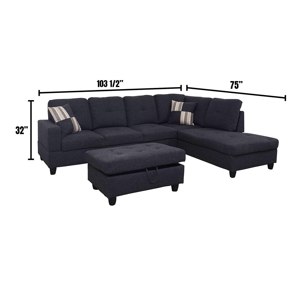 Star Home Living 3 Piece Jet Black Linen 4 Seater L Shaped Left Facing Chaise Sectional Sofa With Ottoman F125a The Home Depot