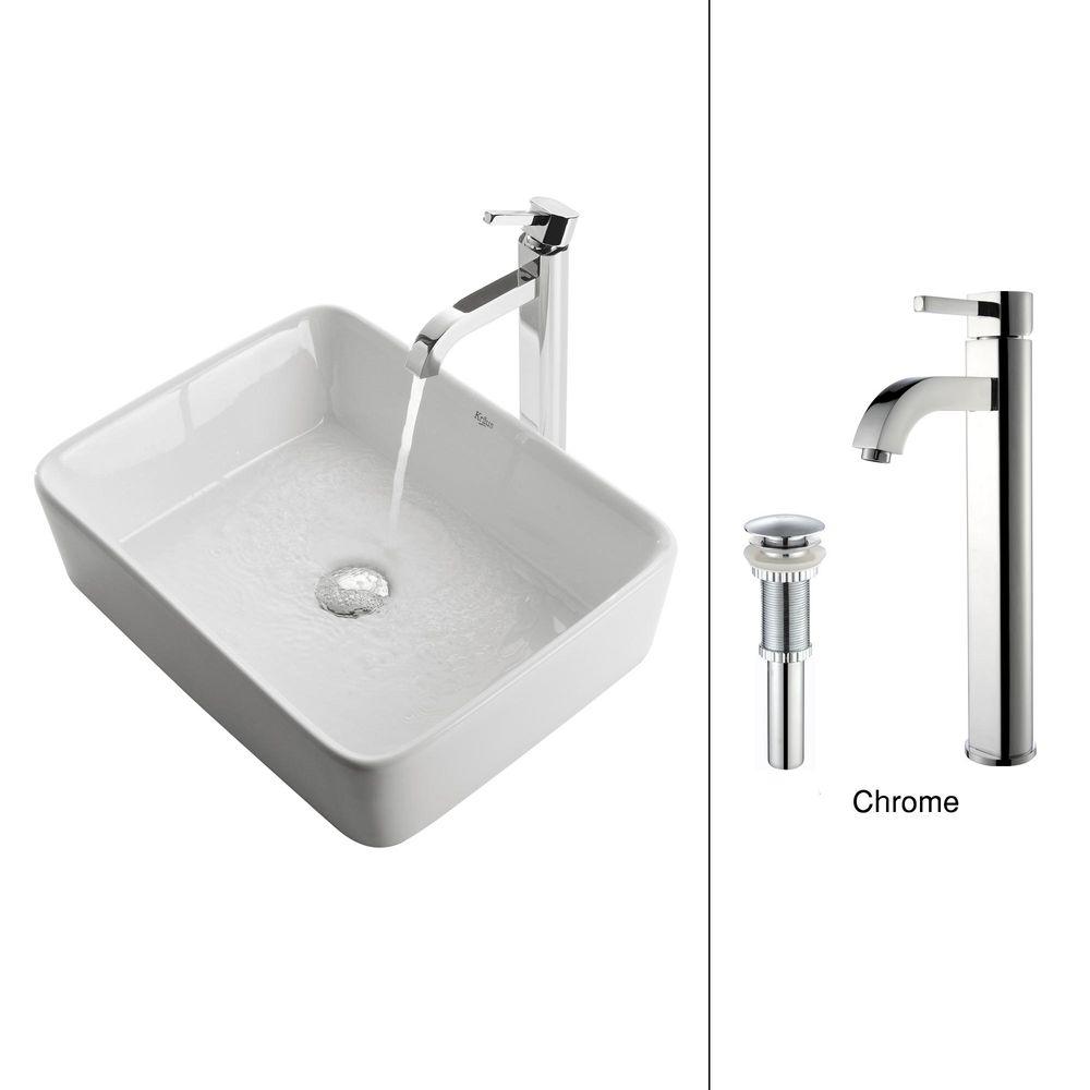 KRAUS Vessel Sink in White with Ramus Faucet in ChromeCKCV1211007CH