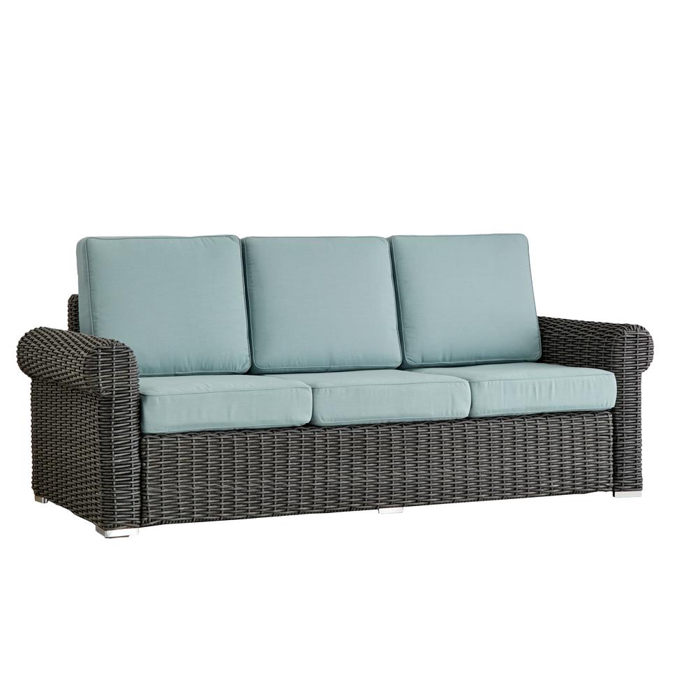 HomeSullivan Camari Charcoal Rolled Arm Wicker Outdoor Sofa with Blue ...