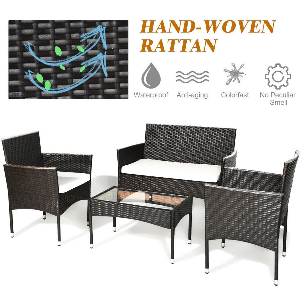 Costway Patio Rattan Conversation Set Seat Sofa Cushioned Loveseat Glass Table