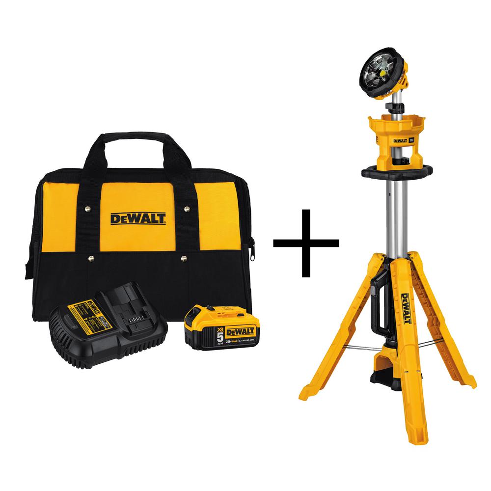 DEWALT 20-Volt MAX Lithium-Ion 3000 Lumens Tripod Light with Bonus Starter Kit with 5.0 Ah Battery Pack, Charger and Kit Bag was $399.0 now $249.0 (38.0% off)