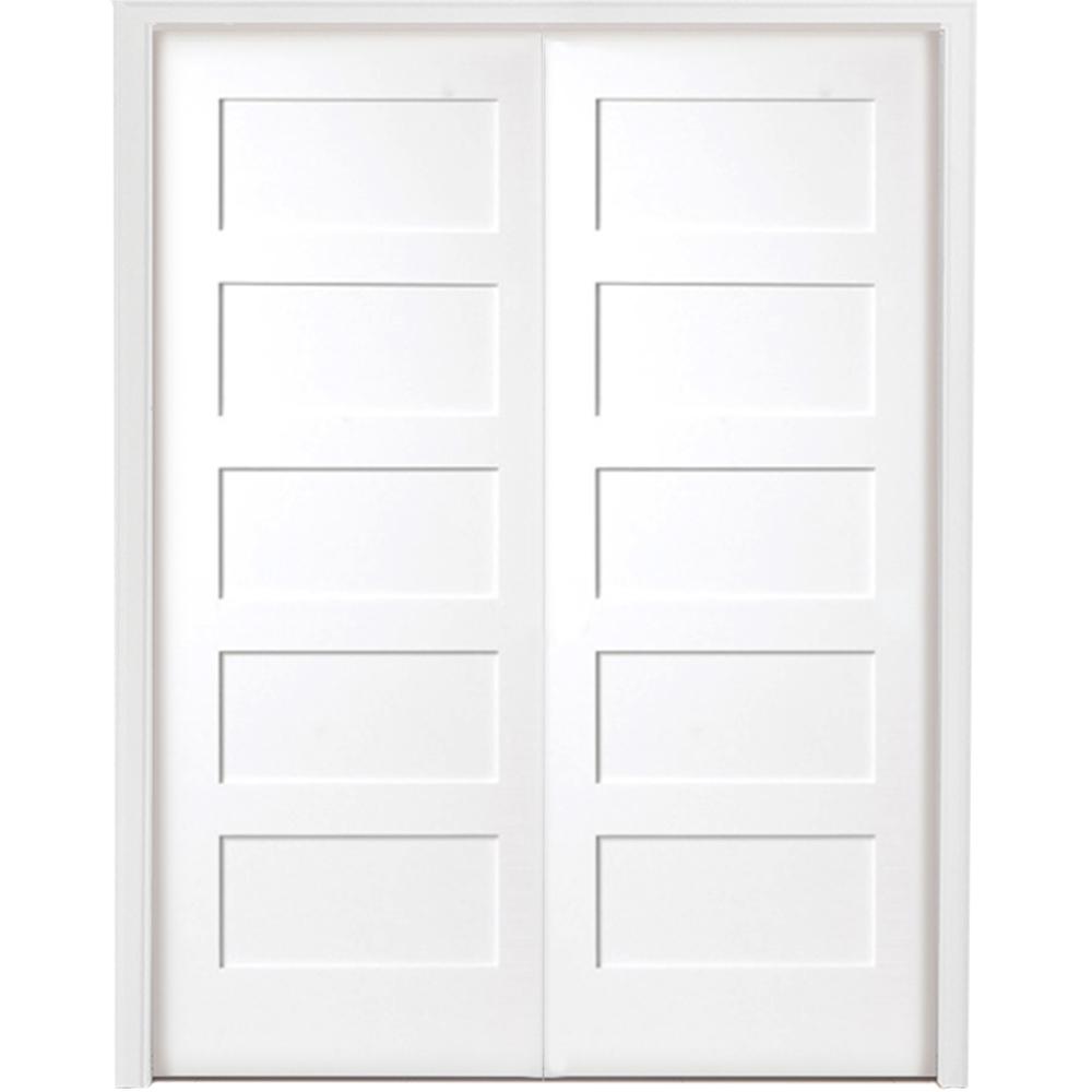 48 In X 80 In 5 Panel Shaker White Primed Solid Core Wood Double Prehung Interior Door With Nickel Hinges
