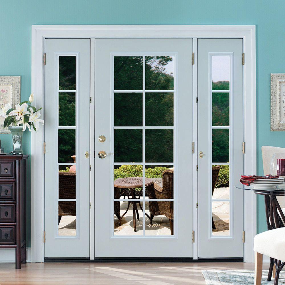 Masonite 72 In X 80 In Primed White Steel Prehung Right Hand Inswing 10 Lite Clear Glass Patio Door With Venting Sidelites