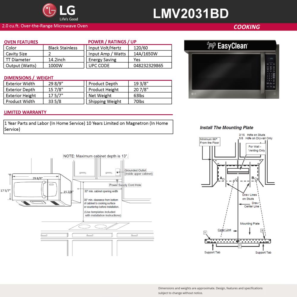 Lg Electronics 2 0 Cu Ft Over The Range Microwave In Black Stainless Steel With Sensor Cook Lg Electronics 2 0 Cu Ft Over The Range Microwave In Black Stainless Steel With Sensor Cook
