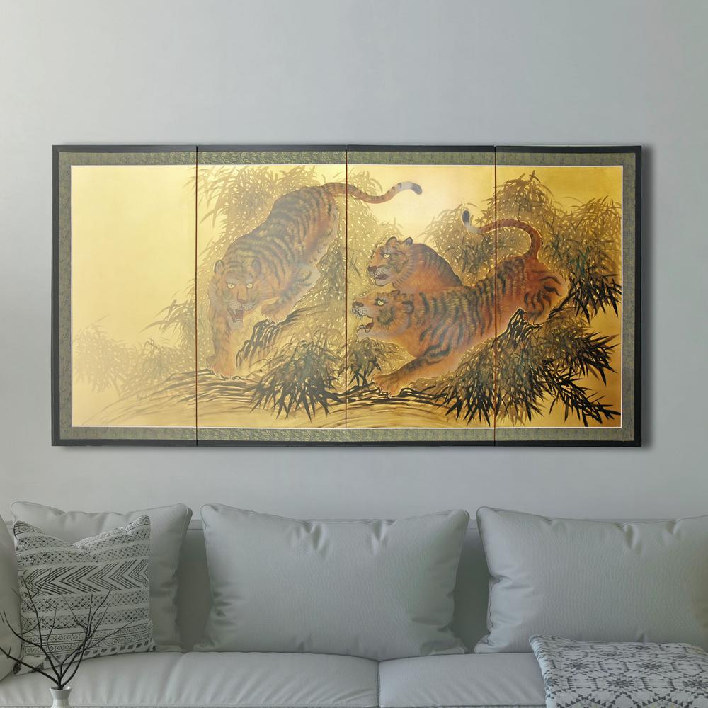 Oriental Furniture 72 In X 36 In Gold Leaf Tigers On The Move Wall Art Silk Tigers The Home Depot