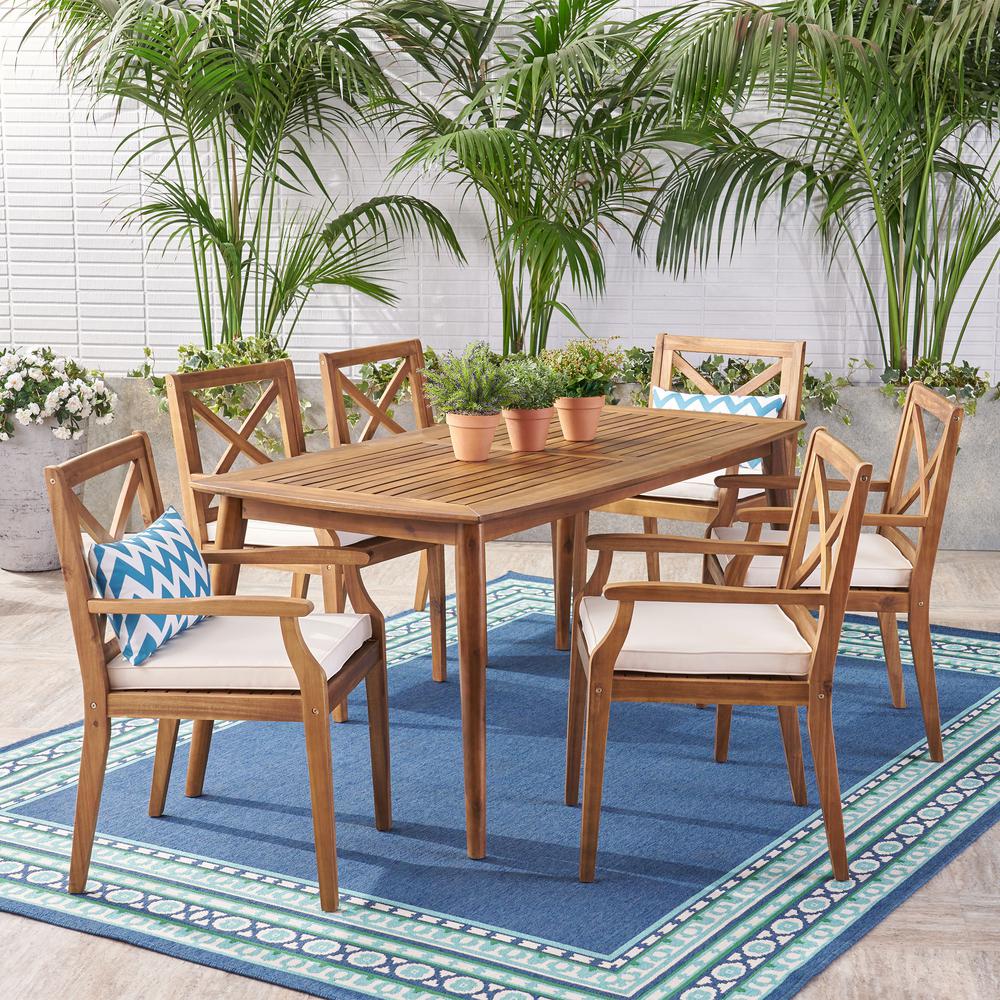 Hampton Bay Willow Glen Farmhouse 7Piece Teak Wood Outdoor Patio Dining Set with Beige Cushion