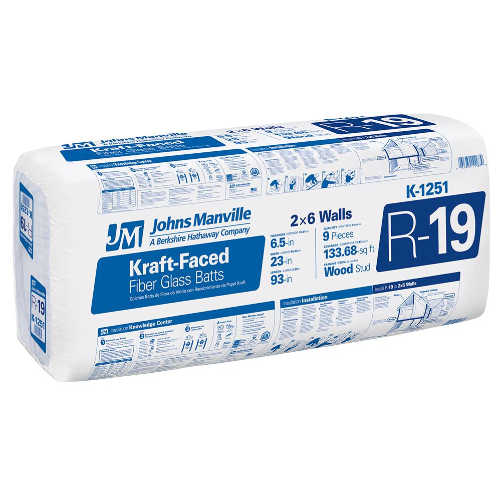 Johns Manville R19 Kraft Faced Fiberglass Insulation Batt 23 in. x 93