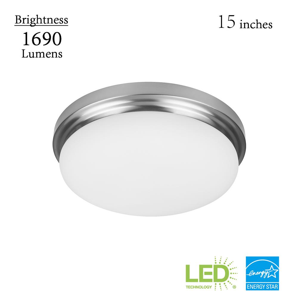 Hampton Bay Chilton 15 in. 170-Watt Equivalent Brushed Nickel Selectable Integrated LED Flush Mount with Glass Shade