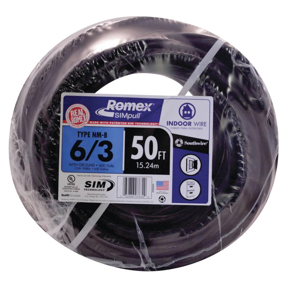 Southwire 50 Ft 6 3 Stranded Romex SIMpull CU NM B W G Wire 63950032 