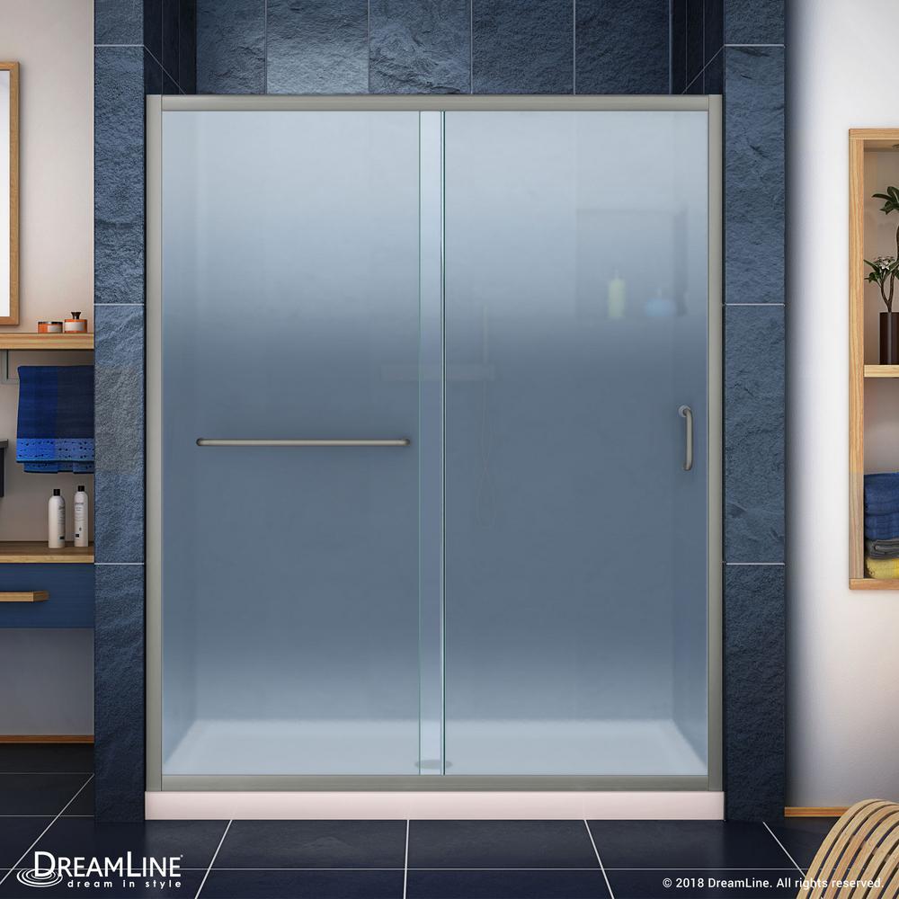 Dreamline Infinity Z 32 In X 54 Semi Frameless Sliding Shower Door Brushed Nickel With Center Drain Biscuit Base Kit