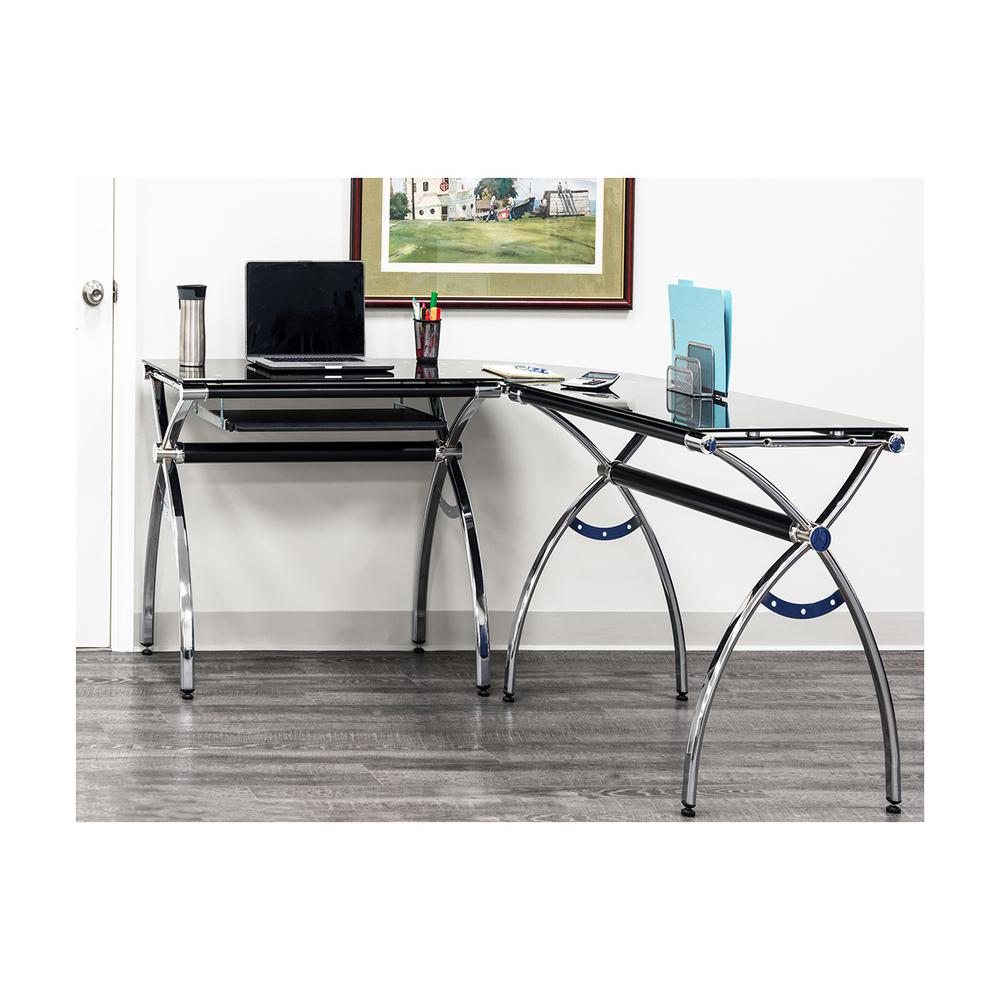 Glass Desks Home Office Furniture The Depot Black L Shaped Corner Desk With Tempered Glass Top And Pull Out Keyboard Tray
