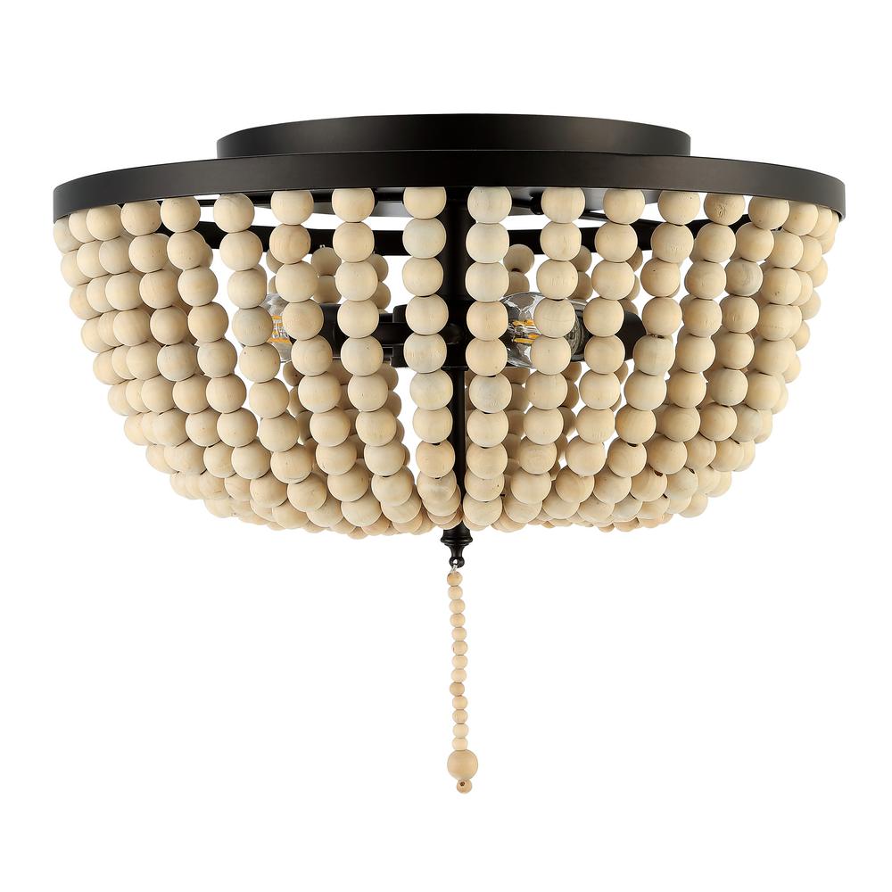 JONATHAN Y Allison 15 in. Oil Rubbed Bronze/Cream Wood Beaded/Metal LED Flush Mount