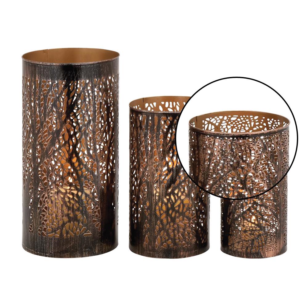 Litton Lane 12 In X 6 Iron Hurricane Candle Holders Bronze Iron Hurricane Candle Holders In Bronze Br With Tree Branch Cutouts Set Of 3 22098 The Home Depot