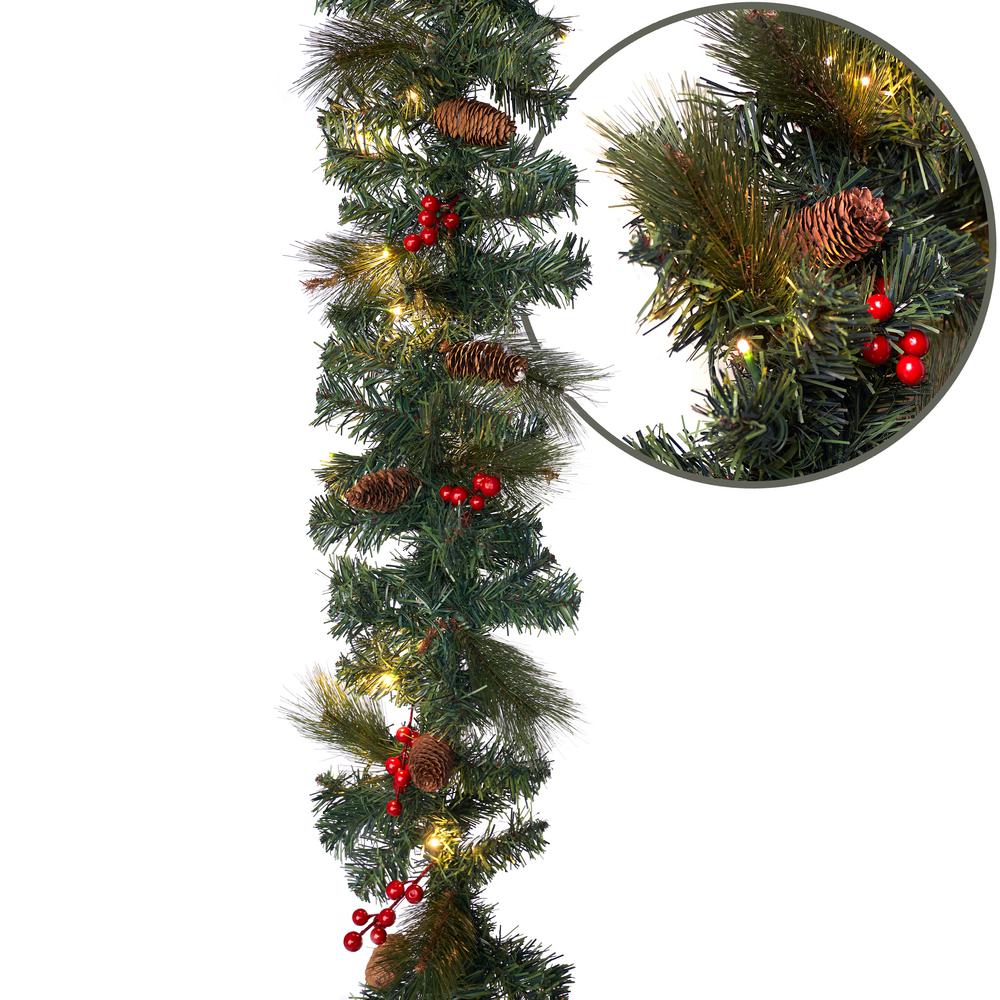 Aurio Lighting 9 Ft Pre Lit Led Artificial Christmas Garland With Pinecones And Red Berries And 50 Warm White Lights