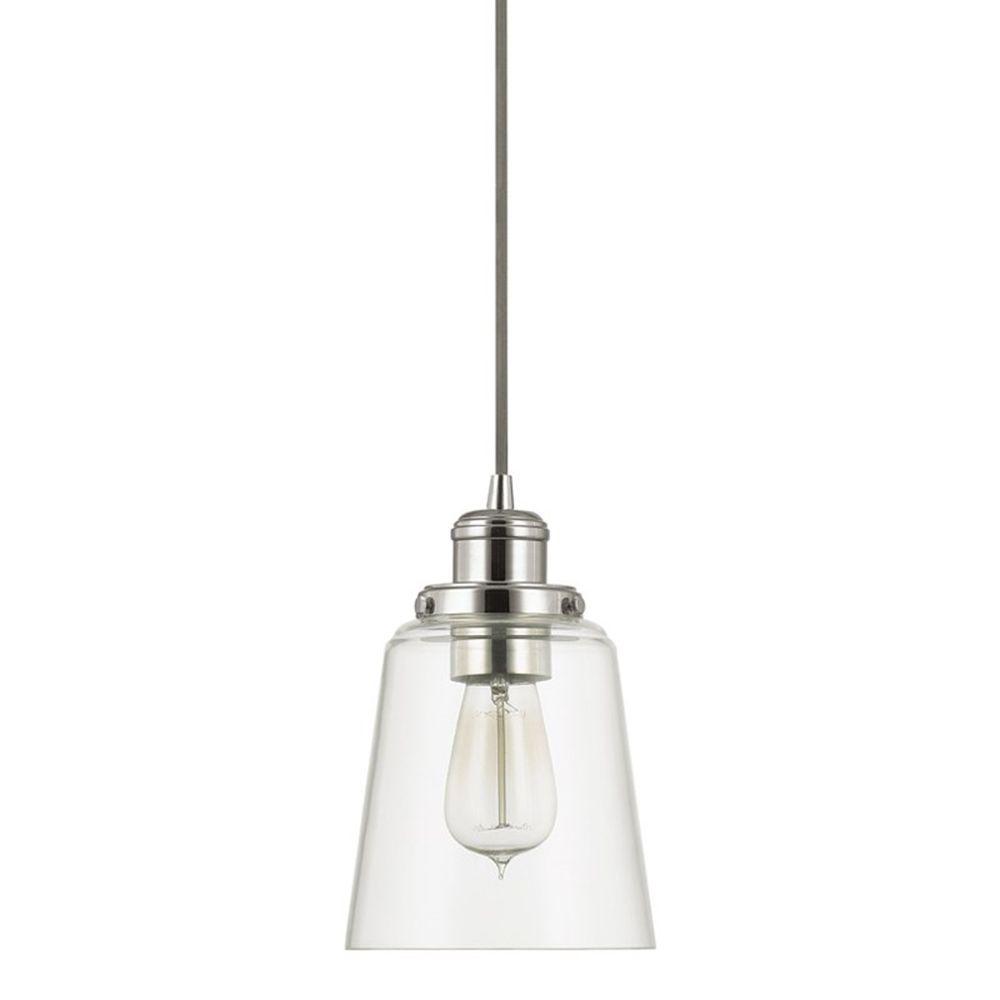 1-Light Polished Nickel Pendant with Clear Glass Shade and Silver Cord