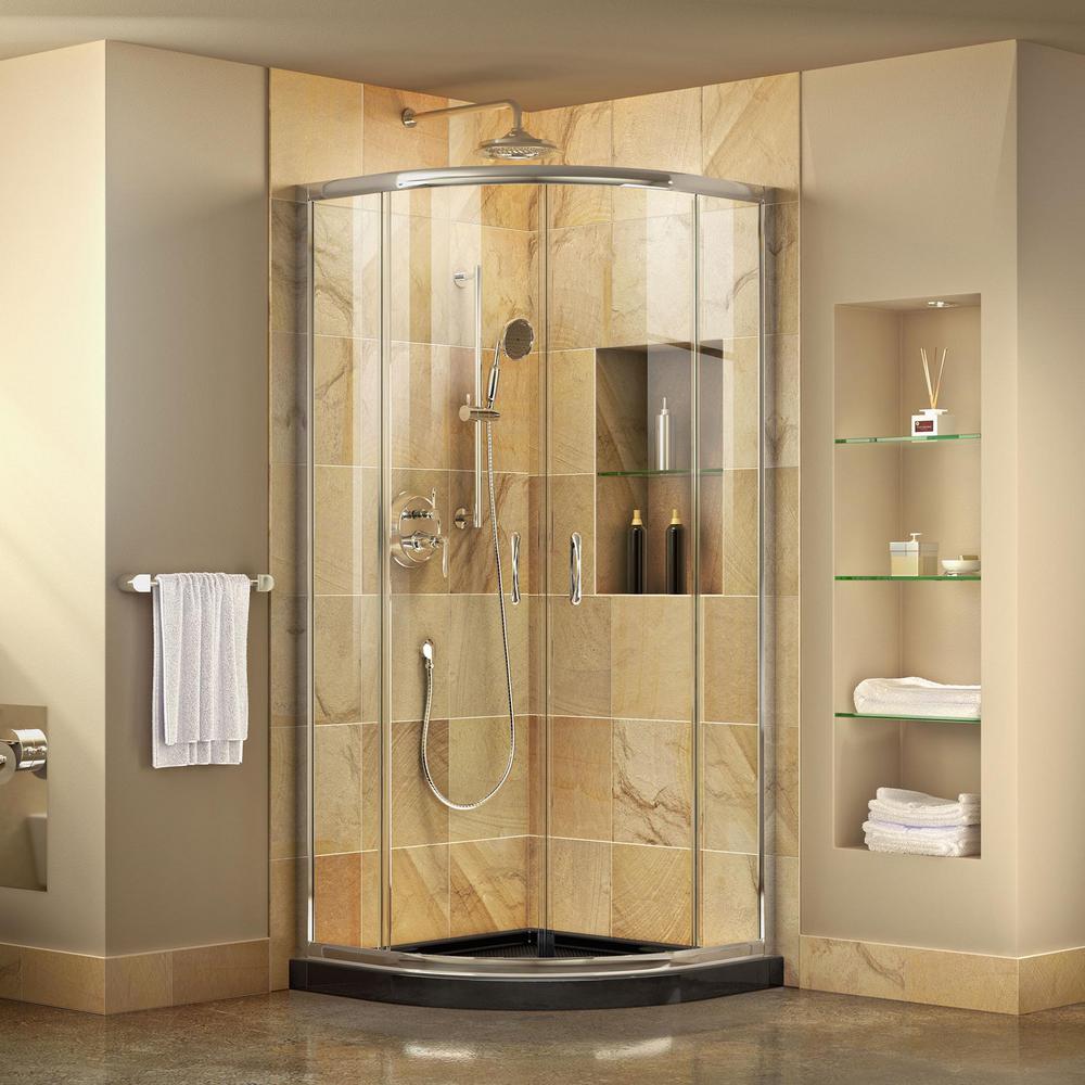 Dreamline Prime 33 In X 74 75 H Corner Semi Frameless Sliding Shower Enclosure Chrome With Base Black