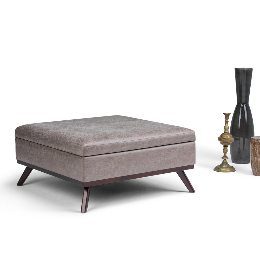 Square Gray Faux Leather Ottomans Living Room Furniture Owen Distressed Grey Taupe Air Leather Coffee Table Storage Ottoman
