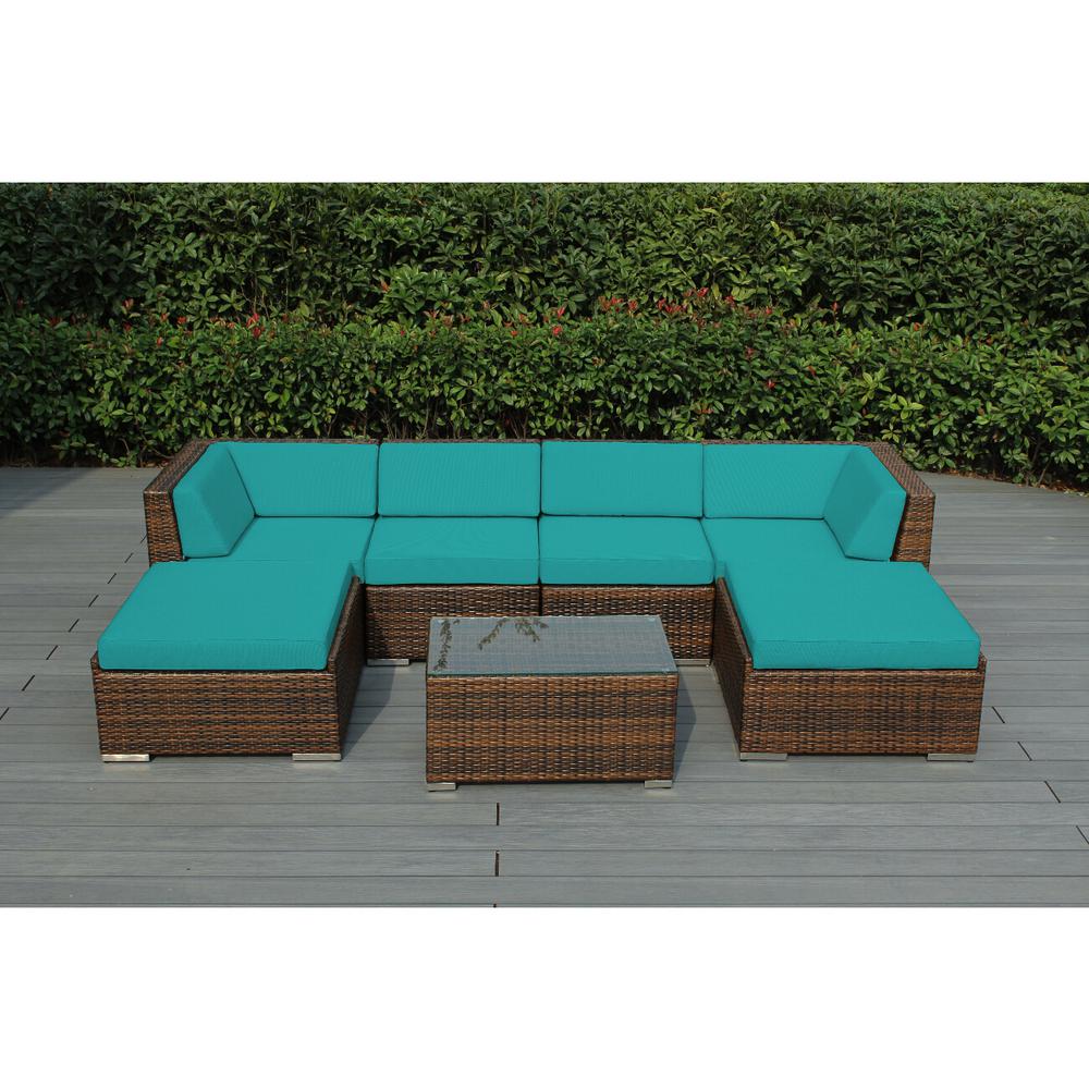 Ohana Depot Ohana Mixed Brown 7 Piece Wicker Patio Seating Set With Sunbrella Aruba Cushions Pn0704amb Sar The Home Depot