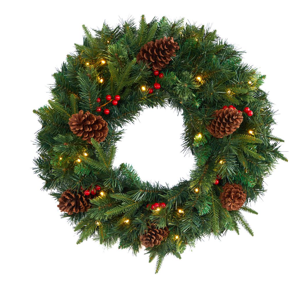 Nearly Natural 24 in. Mixed Pine Artificial Christmas Wreath with 35 ...