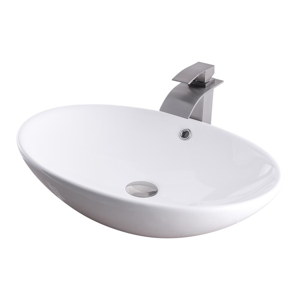 Vessel Sink In White With Faucet In Brushed Nickel Nsfc V07w136bn
