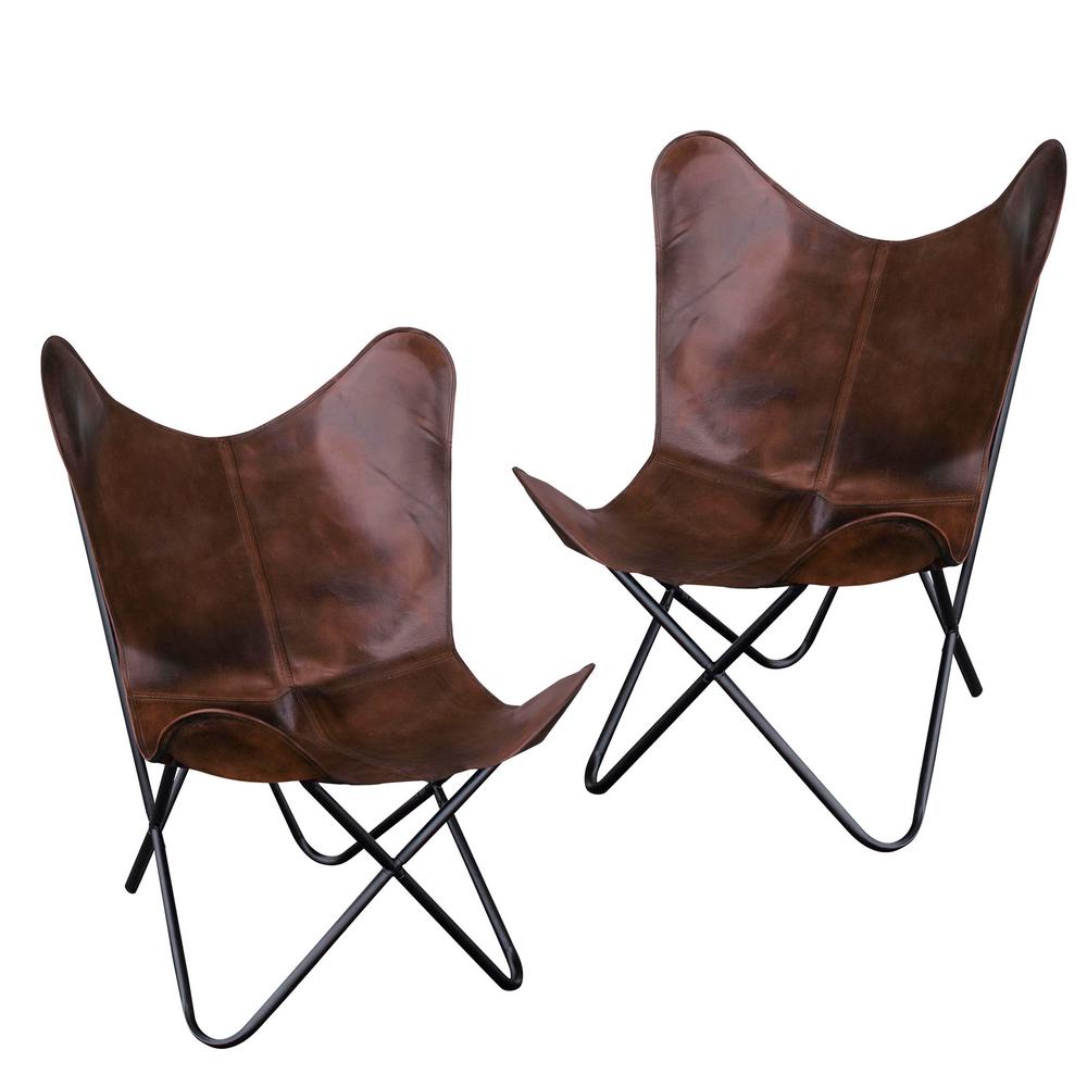 Furniture The Home Depot Brown Natural Leather Erfly Chair 2 Piece Set