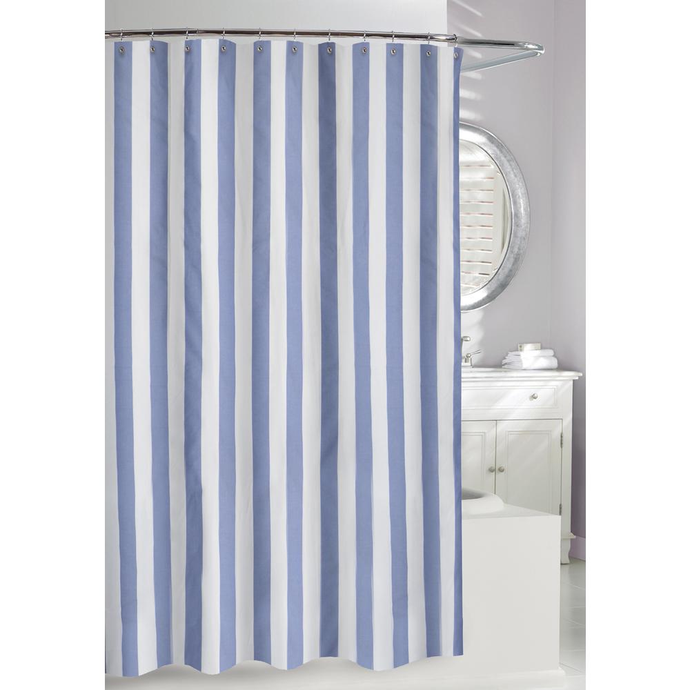 blue and white striped shower curtain