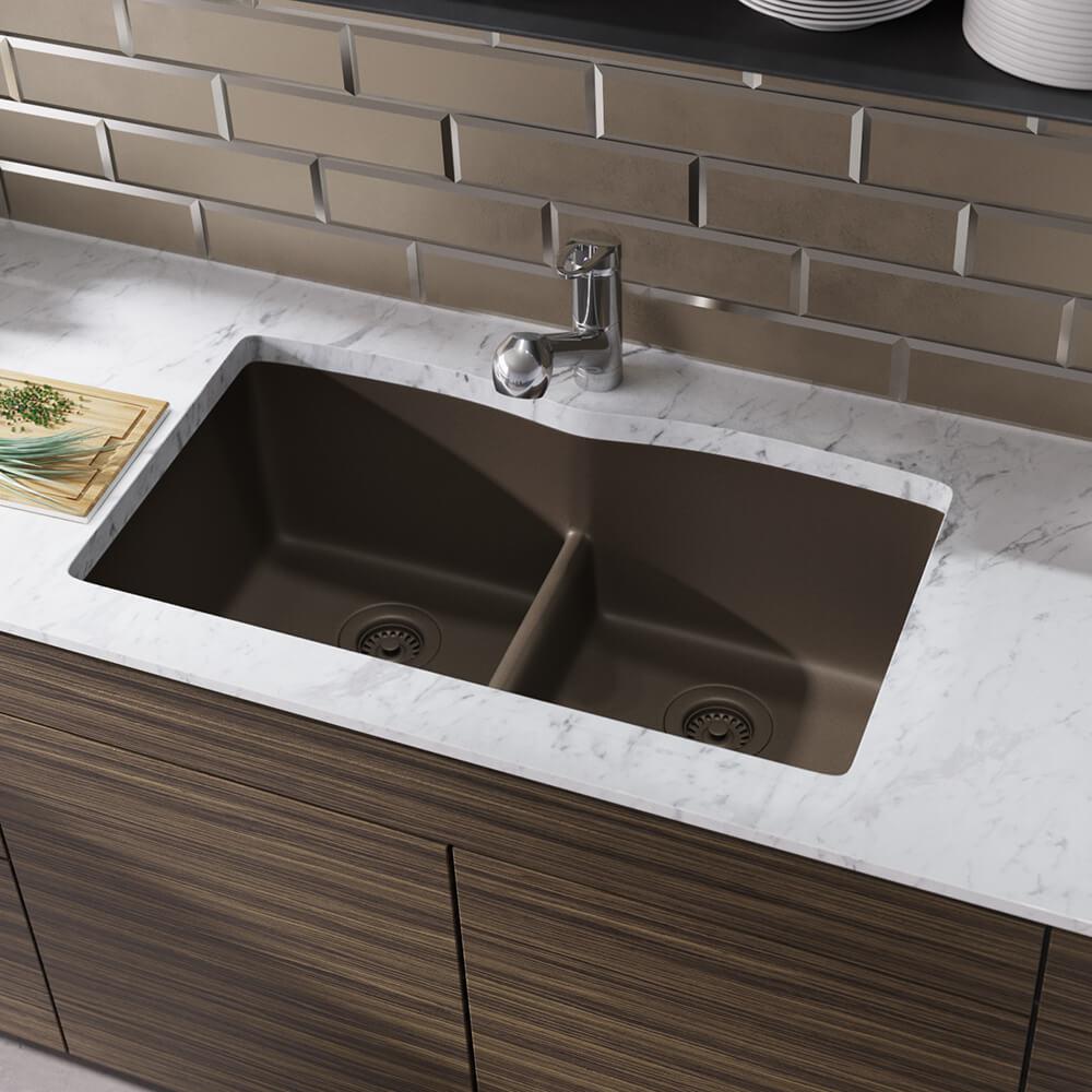 Rene Undermount Composite Granite 33 In Double Bowl Kitchen Sink In Umber R3 1007 Umb St Cgs The Home Depot
