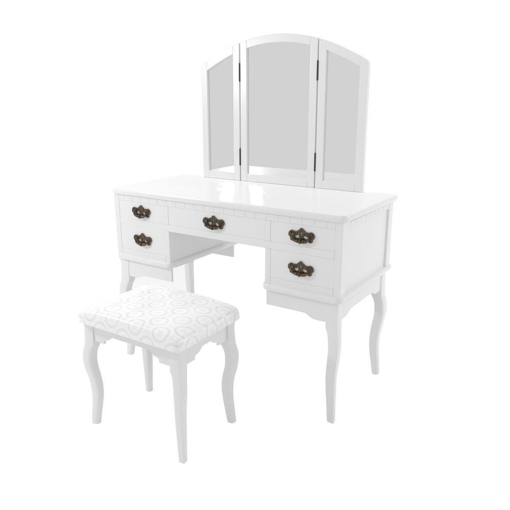 Benjara 43 In L X 19 In W X 30 In H White 5 Drawer Vanity Set With 3 Panel Mirror And Saber Legs Set Of 3 Bm172786 The Home Depot