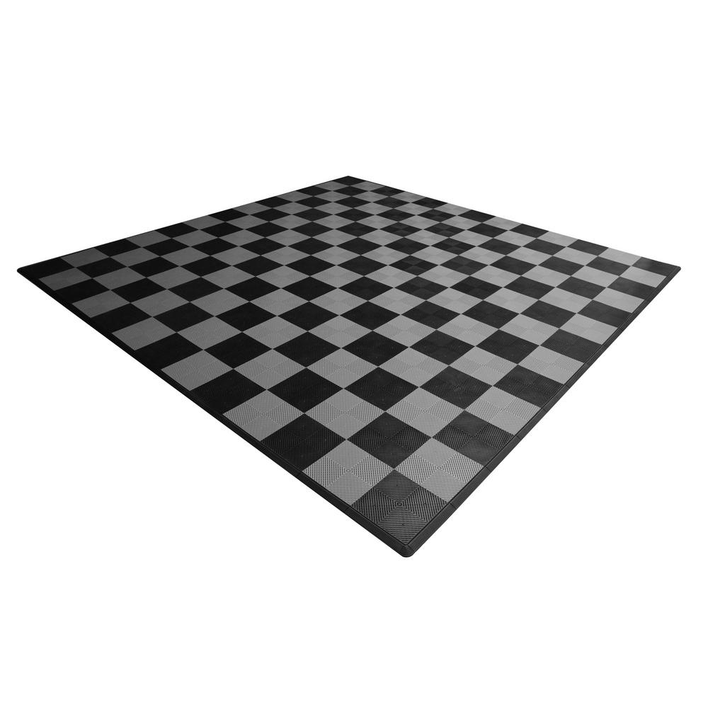 Swisstrax 17 5 Ft X 17 5 Ft Black And Silver Checkered Ribtrax Smooth Eco Flooring Double Car Pad Kit