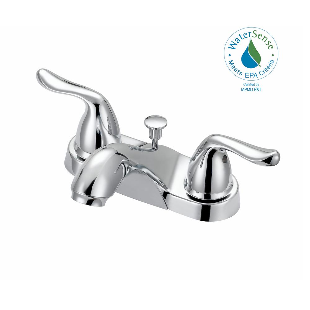 Glacier Bay Constructor 4 in. Centerset 2-Handle Mid-Arc Bathroom Faucet with Click Install Pop Up in Chrome (Grey)