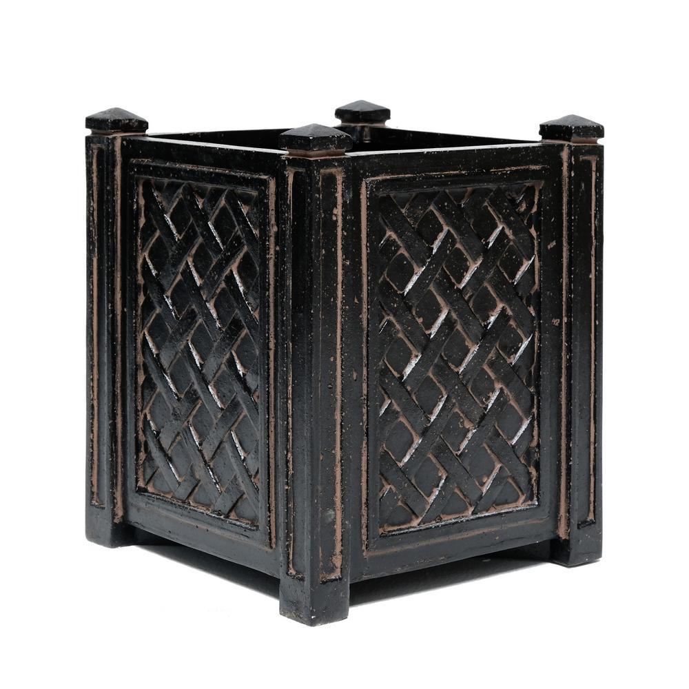 16 in. H Tall Aged Charcoal Stone Cast Square Lattice Planter Pot