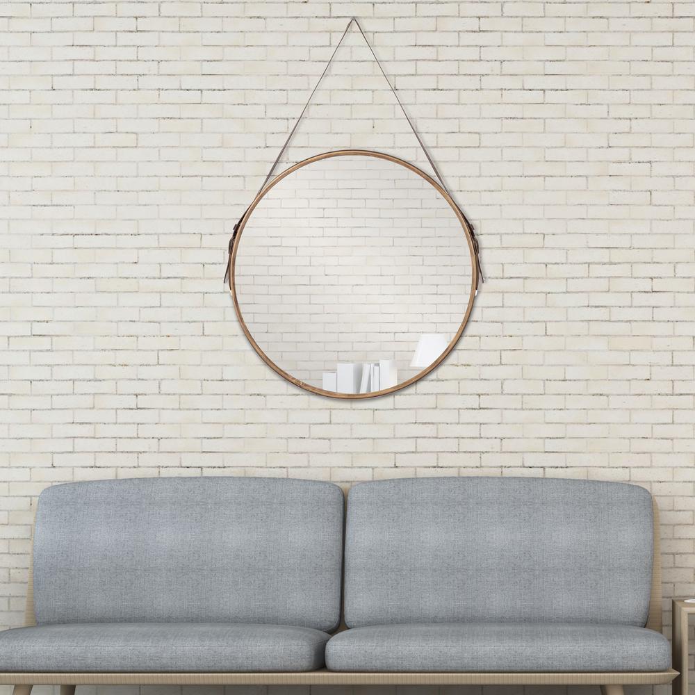 Pinnacle Leather Belted Farmhouse Round Hanging Brown Decorative Mirror