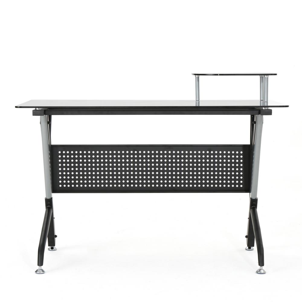 Noble House Valeta Black Tempered Glass Computer Desk With Gray Metal Frame